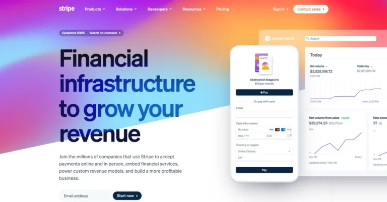 Stripe B2B website showing their SaaS and how it can help you financially