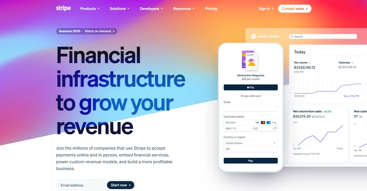 Stripe B2B website showing their SaaS and how it can help you financially