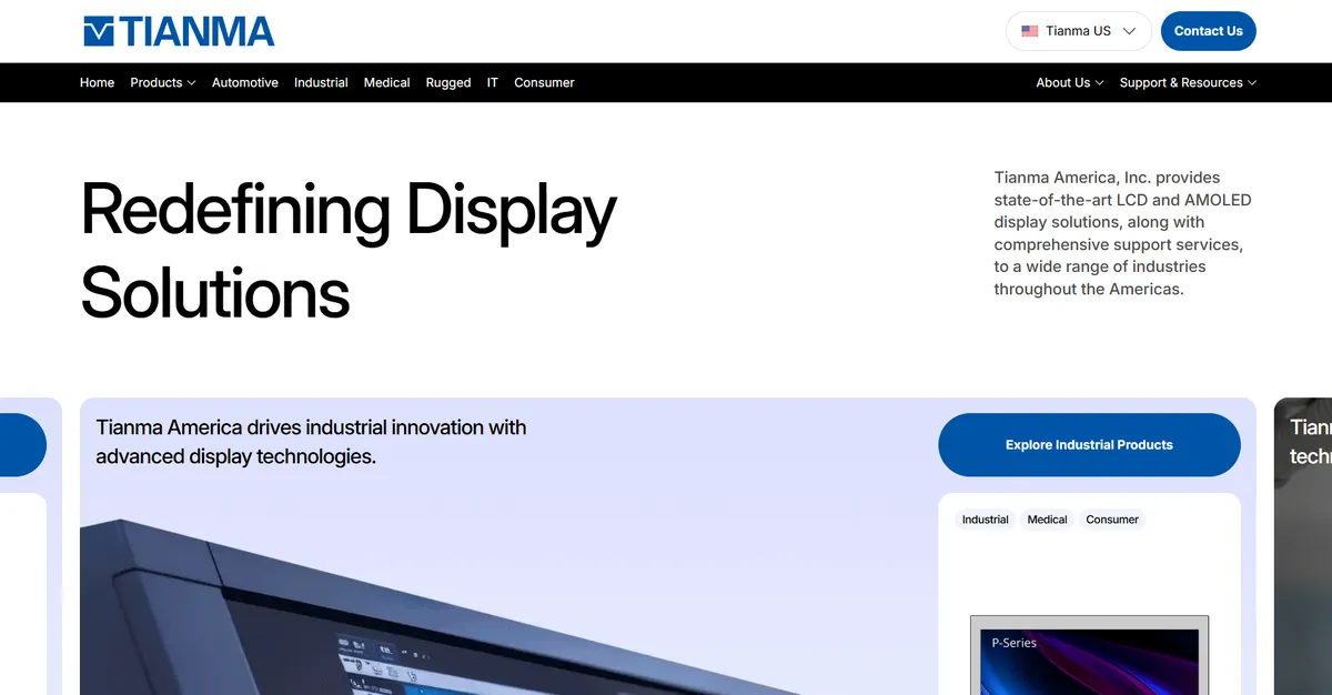 TIANMA America B2B website showing their latest products 