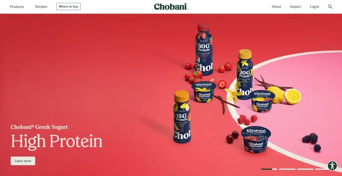 Chobani business website showing their high-protein yogurt product