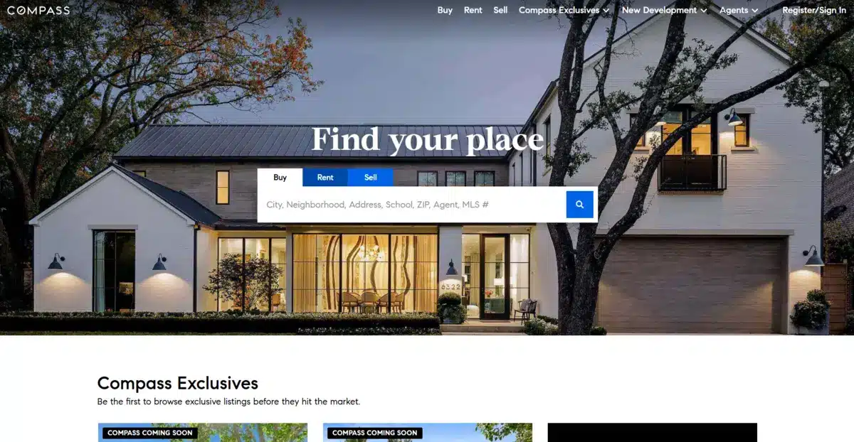 Compass business website with a search bar that helps visitors look for a property