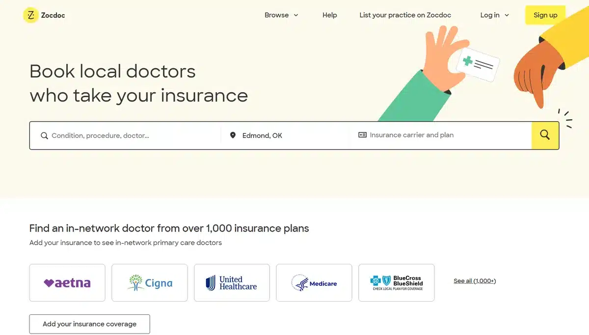 Zocdoc business website showing how to get an appointment